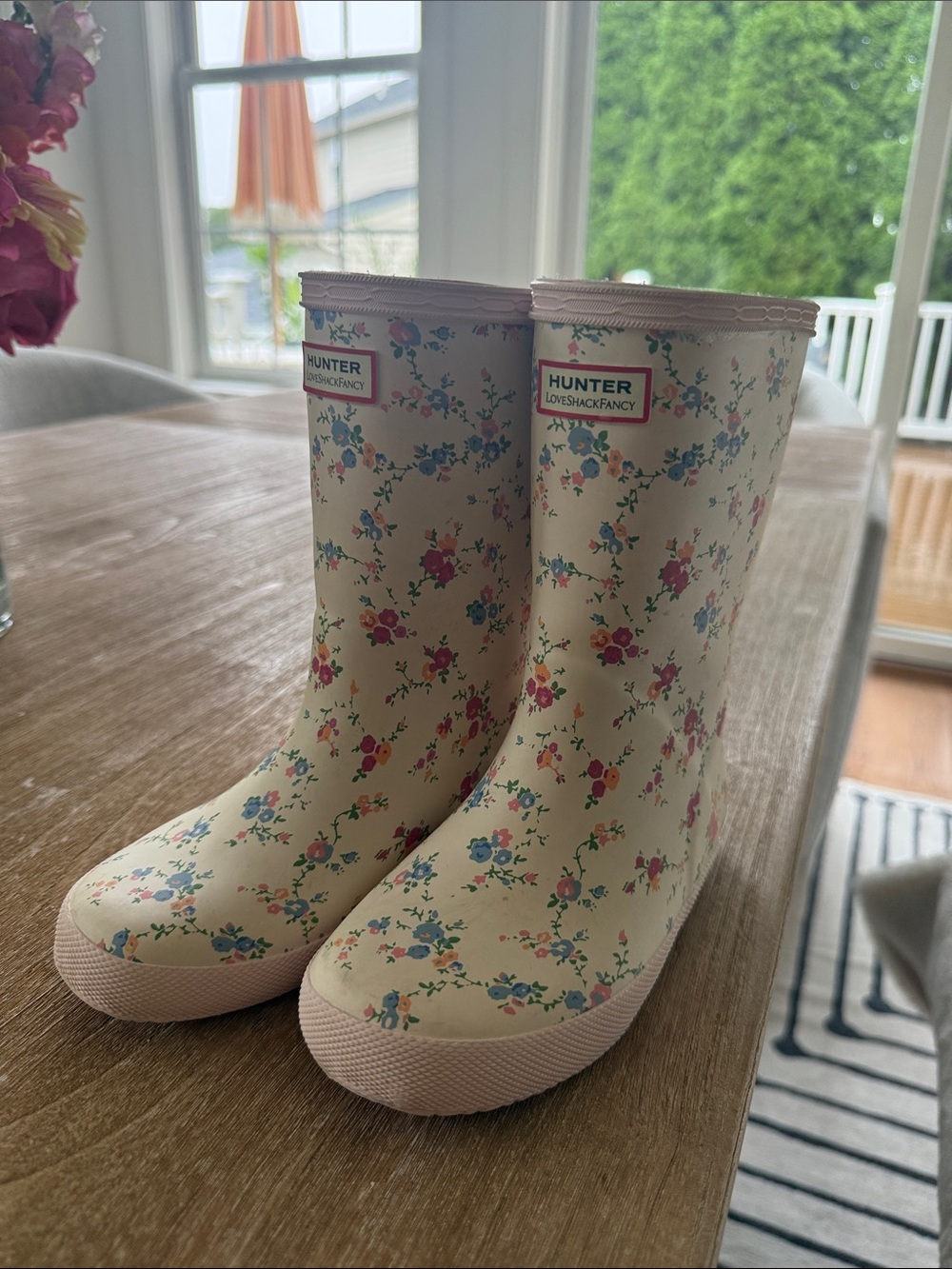 HunterXloveshackfancy girls Cream Floral Rain Boots with Pink Accents